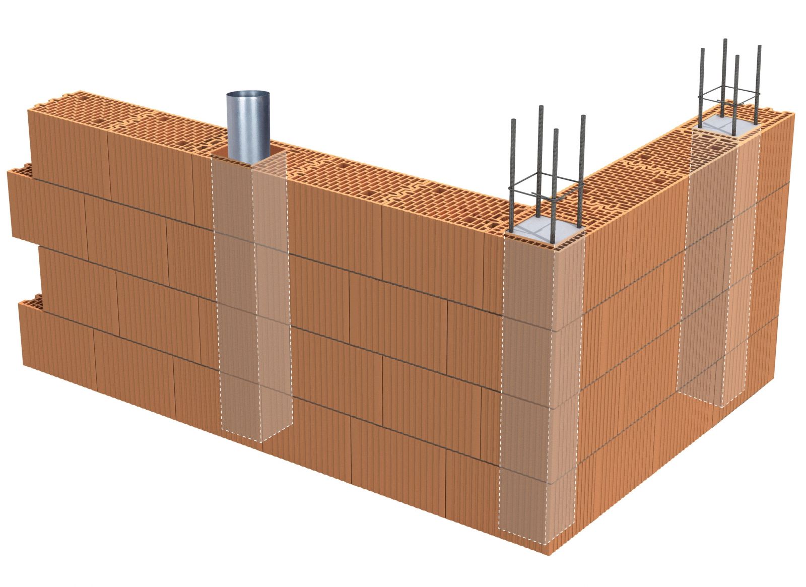 Porotherm 25 K P+W to pustak ceramiczny z kwadratowym otworem przelotowym, który pozwala szybko i wygodnie przygotować kanały o wymiarach 17 cm x 17 cm, przeznaczone pod instalacje elektryczne lub sanitarne albo pod wypełnienie betonem (rys. WIENERBERGER)