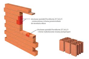 Murując dom w technologii Porotherm 24, warto wykorzystać w ościeżach i strefie podparapetowej docinane pustaki Porotherm 25 3x1/3 (rys. WIENERBERGER)