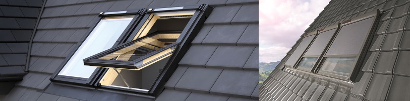 W oknie dachowym panel solarny jest dyskretnie wbudowany w górny ramiak, natomiast w roletach i markizach zewnętrznych znajduje się w ich obudowie (fot. FAKRO) 
