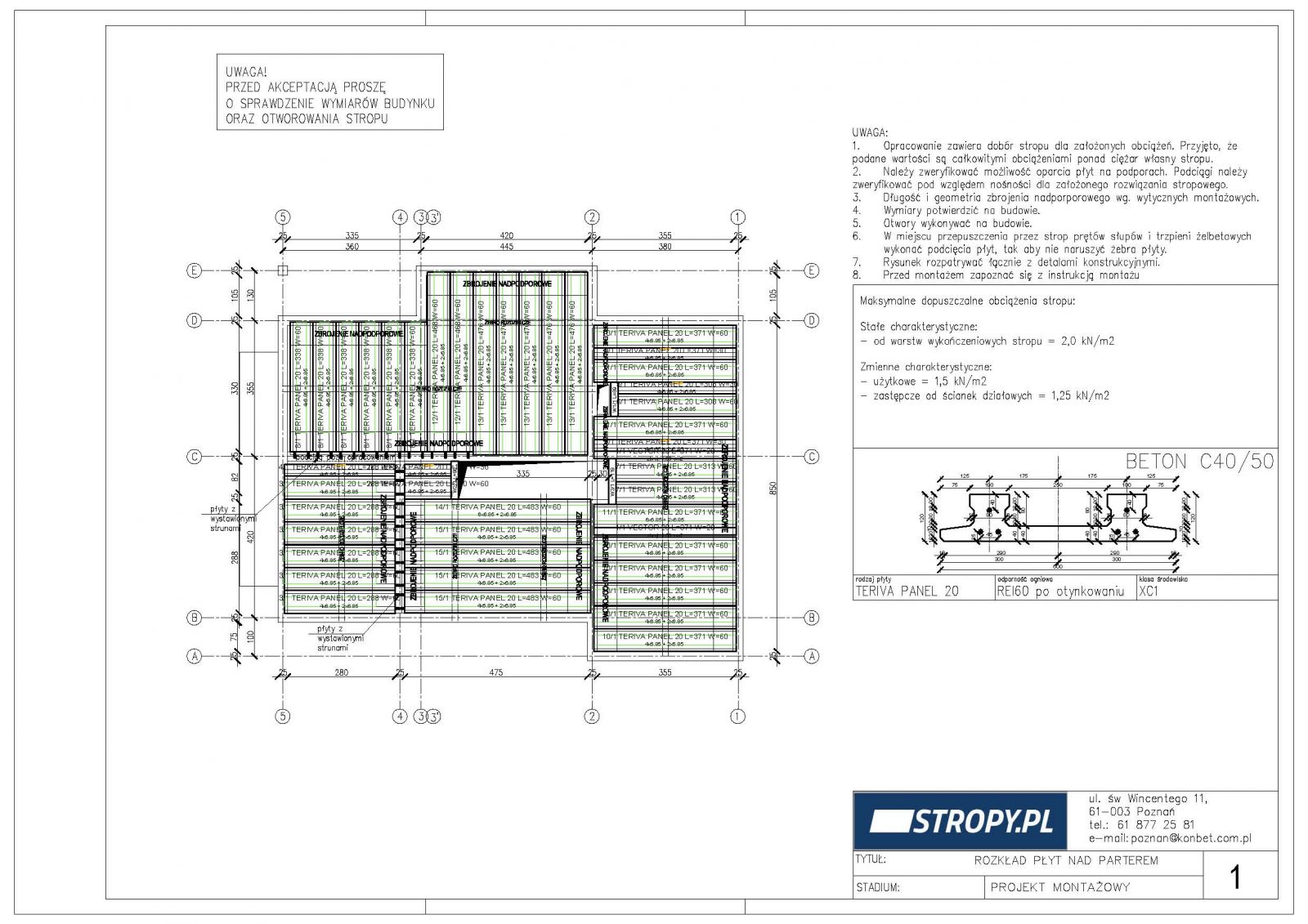 Schemat rozkładu prefabrykowanych płyt stropowych Teriva Panel i zbrojenia stropu (rys. KONBET)