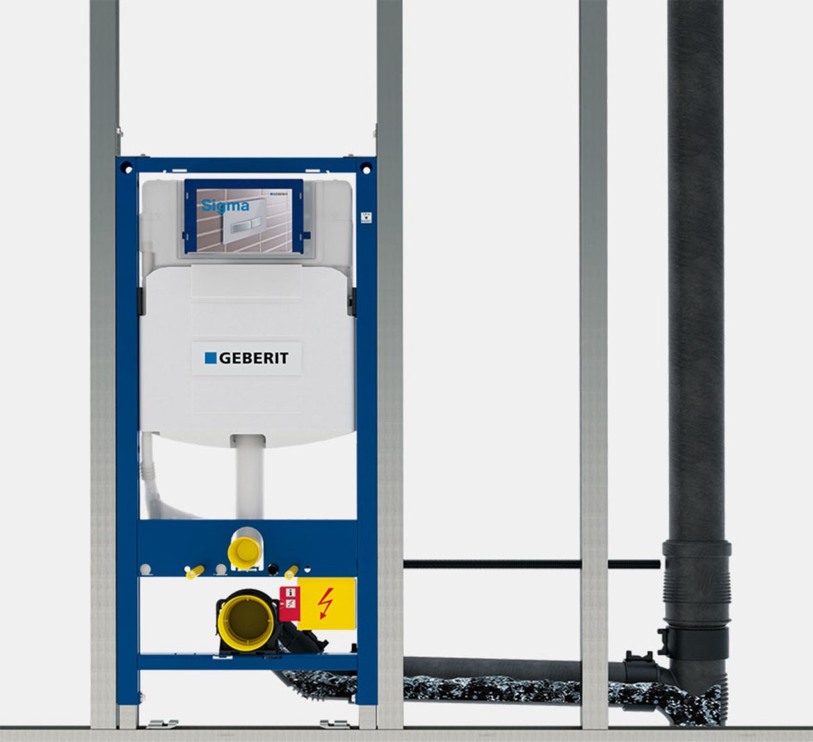 Pasujące do toalety Geberit DuoFresh systemy instalacyjne ze spłuczką podtynkową Sigma mają wysokość zabudowy 112 cm i przycisk montowany z przodu​ (fot. GEBERIT)