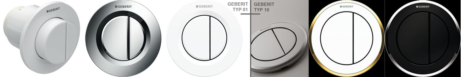 Geberit Typ 01 (LEWA STRONA ZDJĘCIA), przycisk podtynkowy, wersja płaska i wypukła: wersja płaska ma szeroką rozetkę i delikatnie zagłębione przyciski, dostępne kolory to biały-alpin oraz chrom błyszczący i matowy; przycisk wypukły jest biały. Geberit Typ 10 (prawa strona zdjęcia) ma wąską rozetkę i przyciski zlicowane, a z zewnątrz ozdobny pierścień – dostępne są różne kombinacje kolorystyczne (fot. GEBERIT)